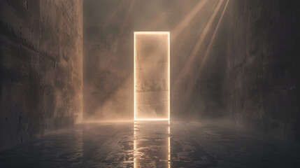 Poster - Photographic illustration capturing a doorway illuminated by light in a dark room, symbolizing hope and opportunity, creating a powerful visual for themes of transition and exploration.