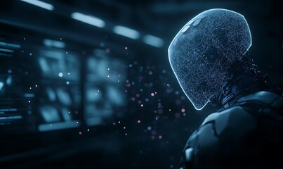 Poster - A futuristic figure with a glowing, digital helmet stands in a high-tech environment, surrounded by holographic displays and particle effects.
