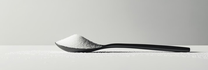 Poster - Black spoon with small pile of sugar granules resting on white surface represents concepts of sugar consumption, reduction, sugar free lifestyle, dangers of sugar, and no added sugar