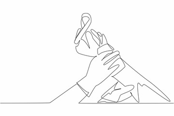 Poster - Single continuous line drawing two arms compressing another person's arm wound with cloth. Medical care and support. Combating disease. Self-Injury Awareness Day. One line design vector illustration