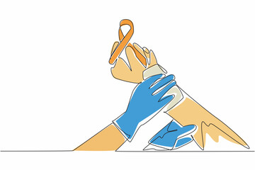Poster - Single continuous line drawing two arms compressing another person's arm wound with cloth. Medical care and support. Combating disease. Self-Injury Awareness Day. One line design vector illustration