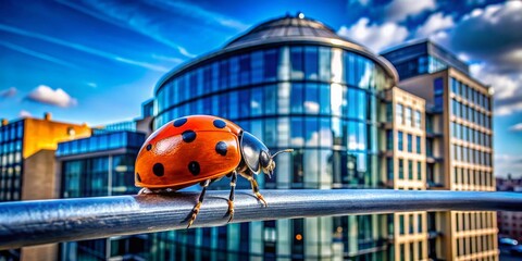 Poster - Architectural Marvel of a Ladybug: A Unique Perspective on Nature's Design Blending with Modern Structures, Capturing the Intricacy of Natural and Urban Environments
