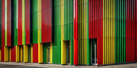 Poster - Architectural Masterpiece: Vibrant Vertical Stripes of Red, Yellow, and Green Creating a Bold Contrast Against a Black Background in Urban Design Photography