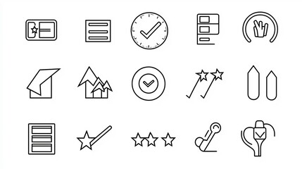 Poster - Set of 15 outlined icons symbolizing preferences choices and priority marks including star ratings selection bars and editable styles