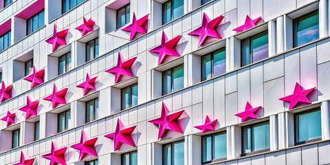 Poster - Architectural Photography of Modern Building Facade Featuring Pink Stars on White Background, Showcasing Unique Design Elements and Aesthetic Appeal for Creative Projects