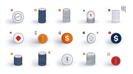 Aufkleber - Set of 15 outline icons representing various coin and currency concepts including currency symbols stacked coins and single coins created with a clean style and editable stroke