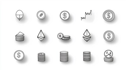 Aufkleber - Minimalist icon set featuring 15 outline symbols related to coins currency finance and banking  Includes icons for coin stacks coin flips and treasure coins in a clean simple design