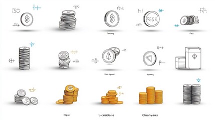 Poster - Minimalist Coin Icon Set of 15 Outlines Featuring Symbols for Coin Stacks Coin Flips and Treasure Coins for Financial Banking and Business Concepts