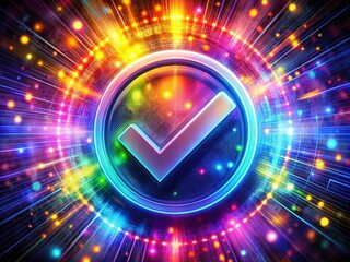 Poster - Artistic Glowing Check Mark Representation with Vibrant Colors and Abstract Background for Modern Visuals in Digital Art and Design Projects