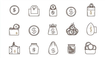 Aufkleber - Outline Style Set of 15 Coin Icons Featuring Golden Coins Money Bags and Coin Jars   Editable Stroke Depicting Financial Concepts and Wealth Management