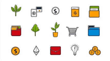 Aufkleber - Set of 15 thin line icons for coin usage featuring payment symbols coin wallets and financial growth indicators  for banking finance and digital economy concepts