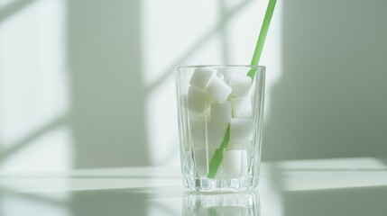Poster - Sugar cubes filling a transparent glass with a green straw inside, representing excessive sugar consumption and its health risks, promoting awareness of sugar reduction and healthy alternatives