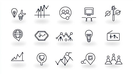 Fototapete - Teamwork Leadership Support Symbols Outline Icons Set  Clean Minimalist Graphic Design Elements for Business Management Organization Partnership
