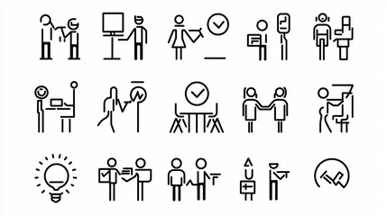 Leinwandbilder - Minimalist outline icon set depicting various aspects of teamwork leadership and synergy within a business or organizational setting  The set includes symbols representing team alignment