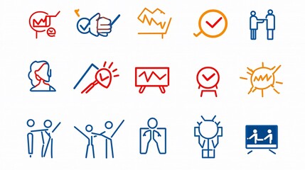 Poster - A collection of 15 minimalist icons in an outline style focusing on the themes of team spirit mutual assistance and shared accomplishments in a professional business environment