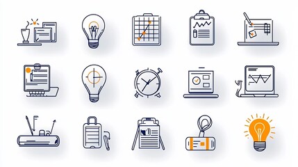 Poster - Set of 15 workaholic inspired outline style icons featuring late night work productivity tracking and caffeine addiction for business career and time management concepts