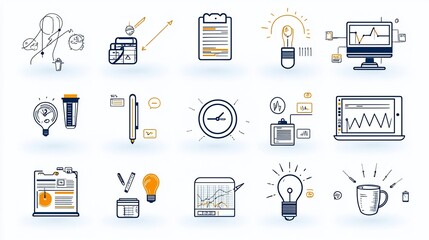 Poster - Set of 15 workaholic themed outline icons featuring elements like late night work productivity tracking and caffeine addiction
