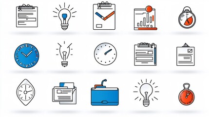 Poster - Set of 15 thin line icons depicting the challenges and experiences of the workaholic lifestyle including working late multi tasking and constant notifications  This captures the intensity dedication