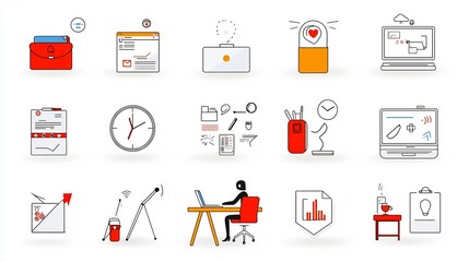 Aufkleber - A set of 15 thin line icons illustrating themes related to being a workaholic including multi tasking constant notifications and working late into the night