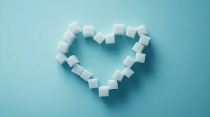 Poster - White sugar cubes arranged in the shape of a heart on a light blue background, symbolizing the dangers of sugar addiction and the importance of a low sugar or sugar free lifestyle for health
