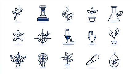 Poster - Comprehensive set of 15 minimalist outline icons representing key elements of botany and biology including microscope plant cell and photosynthesis symbols