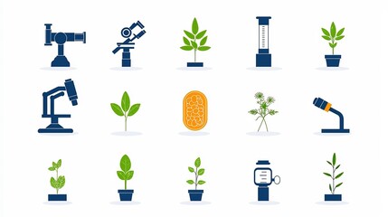 Poster - Minimalist botany icon set featuring 15 outline symbols including microscope plant cell and photosynthesis diagrams  Ideal for science biology and environmental educational or research materials