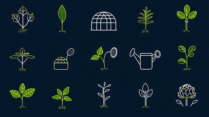 Poster - A collection of 15 minimalist icons in an outline style featuring botanically inspired elements such as a greenhouse soil and watering can  These simple clean icons are perfect for use in nature