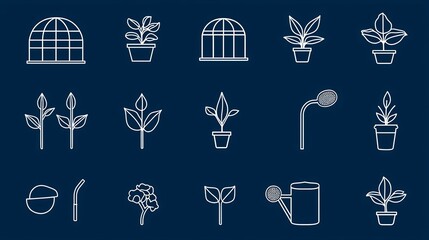 Poster - Set of 15 outline style botany and gardening icons including greenhouse soil watering can and other nature related elements  Suitable for environmental ecological or agricultural design projects