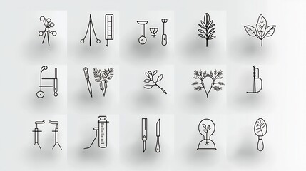 Poster - Detailed set of 15 thin line icons showcasing various elements of botany plant anatomy and essential garden tools for botanical research and horticulture