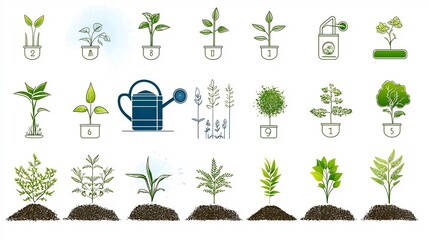 Leinwandbilder - set of 15 outline icons depicting various plant growth and care elements such as watering can soil l