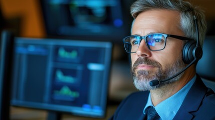 Poster - businessman in formal attire is intently analyzing data trends on computer screens in a modern office. He wears a headset, suggestive of communication or coordination while working