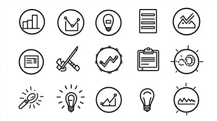 Leinwandbilder - Comprehensive corporate icon set featuring 15 minimalist outlines that symbolize key aspects of project management financial growth and corporate communication  This clean modern