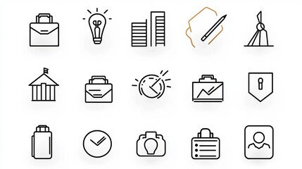 Poster - Set of 15 clean and modern outline icons representing corporate essentials like briefcase office building and team meeting symbols  This features a minimalist