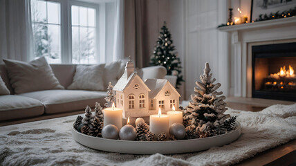 Christmas. Scandinavian white houses, candles, Christmas trees, cones and toys on a wooden table in the home interior of the living room. A cozy concept for the festive decoration of the house.