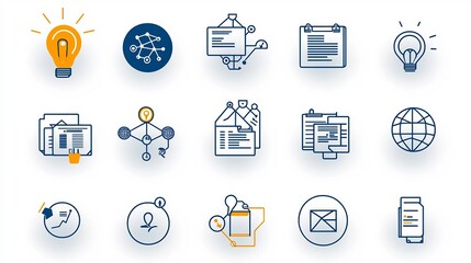 Aufkleber - Outline icon set featuring 15 corporate symbols including company structure document management and networking elements in style with editable stroke  Ideal for business technology software