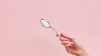 Poster - Woman's hand holds a spoon with sugar on a pink background, symbolizing sugar related concepts like consumption, reduction, and health risks