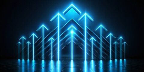 Poster - Black Arrows Illuminated by Blue Neon Light on a Dark Background Creating a Striking Visual Contrast for Modern Abstract Art and Design Concepts
