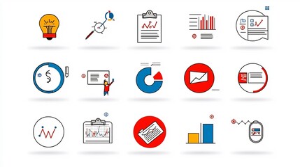 Aufkleber - A set of 15 thin line icons for corporate concepts featuring financial reports workflow and employee engagement  The provides a clean and modern design for business management