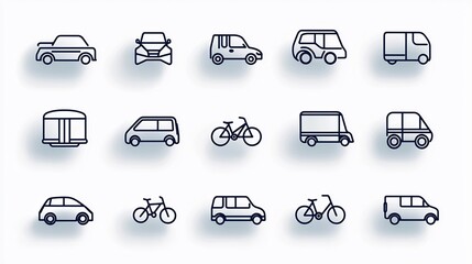Leinwandbilder - A set of 15 clean and minimalist outline icons representing different modes of transportation including car bus bicycle and other public and private vehicle symbols