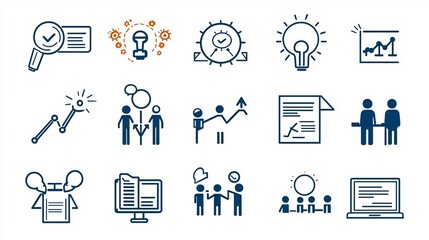 Poster - Set of 15 linear icons illustrating various aspects of corporate work culture including symbols for deadlines team company achievements
