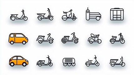 Aufkleber - This comprehensive transportation icon set features 15 sleek and minimalist designs including symbols for taxi scooter subway and other modes of travel  The clean