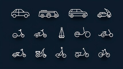 Aufkleber - Minimalist Transportation Icon Set of 15 Outline Symbols for Taxi Scooter and Subway  Simple icons for public and private transportation travel commute and mobility in modern urban city design
