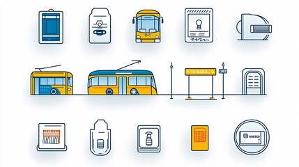 Aufkleber - Collection of 15 simple minimalist line icons representing various elements of public transportation systems including tram bus stop and ticket symbols in a clean style