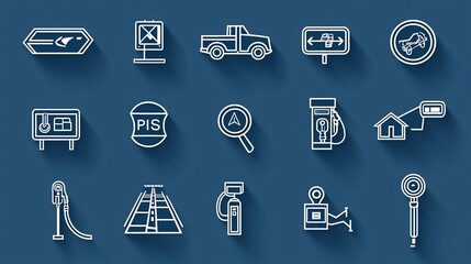 Leinwandbilder - Comprehensive set of 15 transportation related icons in a clean minimalist outline style  Featuring road signs fuel pump GPS and other essential symbols for infrastructure navigation and travel