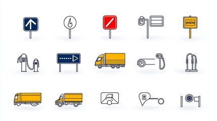Aufkleber - Comprehensive set of 15 transportation related icons presented in a clean and minimalist outline style  The collection includes road signs a fuel pump symbol and a GPS navigation device