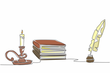 Poster - Single one line drawing a stack of books and an inkwell and quill. Knowledge and learning. Write down brilliant ideas. Enlightenment. World Candle Day. Continuous line design graphic illustration