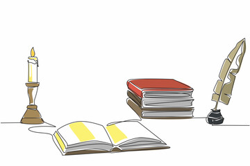 Poster - continuous one line drawing open book, quill and lit candle in a candlestick. reading. studying. lea