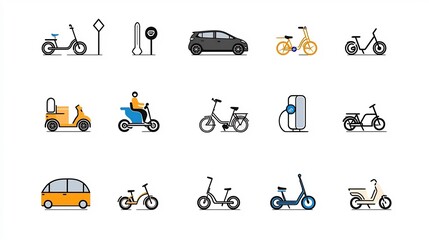 Fototapete - Set of 15 thin line icons showcasing a variety of sustainable urban transportation modes including car sharing electric scooters and bicycle lanes
