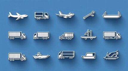 Poster - A set of 15 minimalist outline icons representing various transportation modes including cargo trucks airplanes and ferries