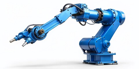 Poster - Blue Robotic Arm Isolated on White Background for Industrial Automation, Technology Innovation, and Engineering Applications in Modern Robotics